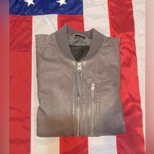 Men’s Allsaints Kino Leather Bomber Jacket Atlantic Gray Size Large